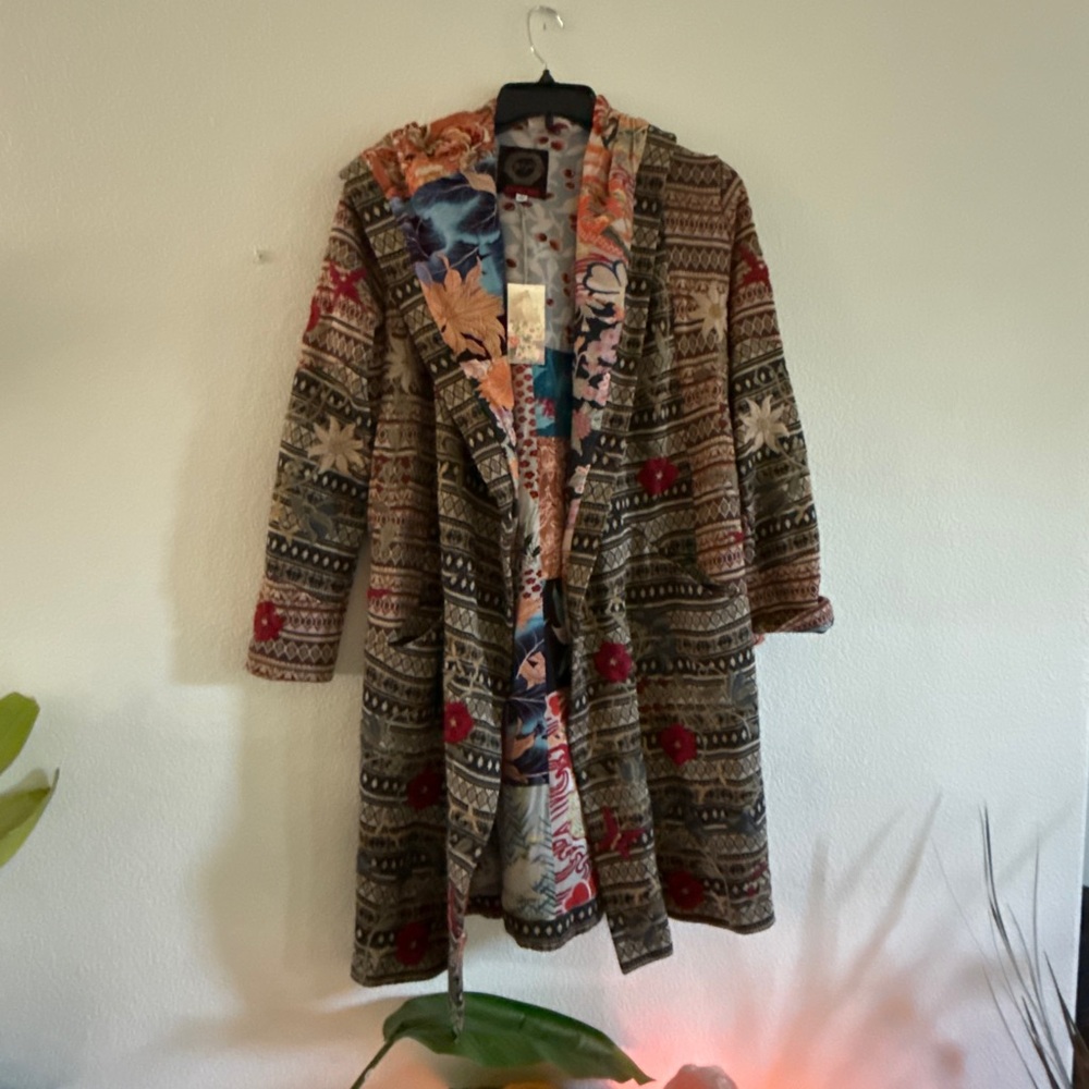 NWT Johnny Was Patterned Hooded Coat with Floral Lining